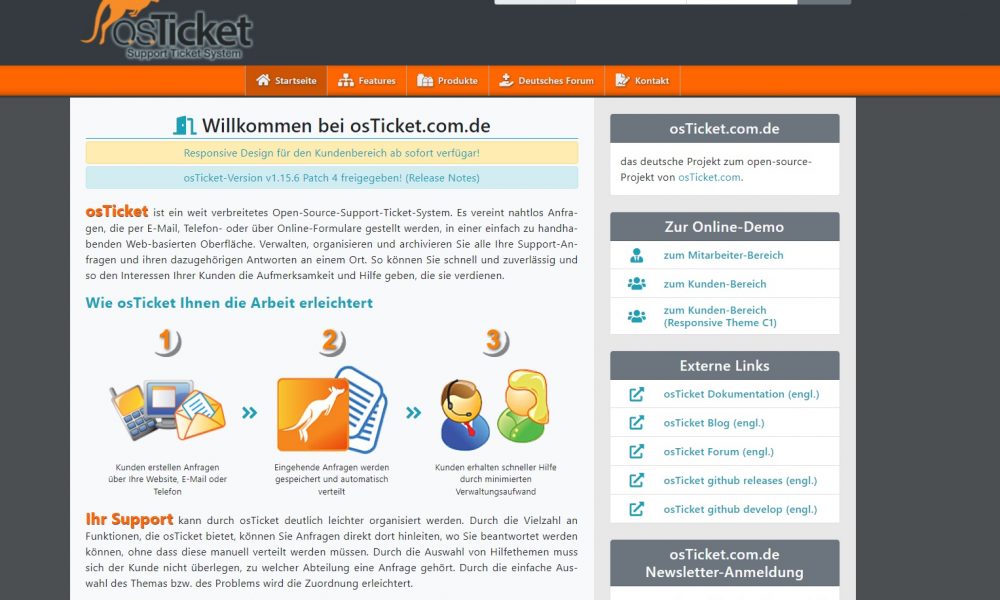 Screenshot von www.osticket.com.de